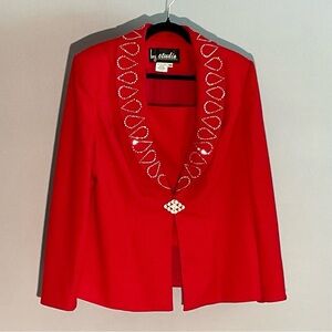 BMJ Studio Size 16W Woven Red Holiday Jacket With Rhinestone Trim Button Dickie